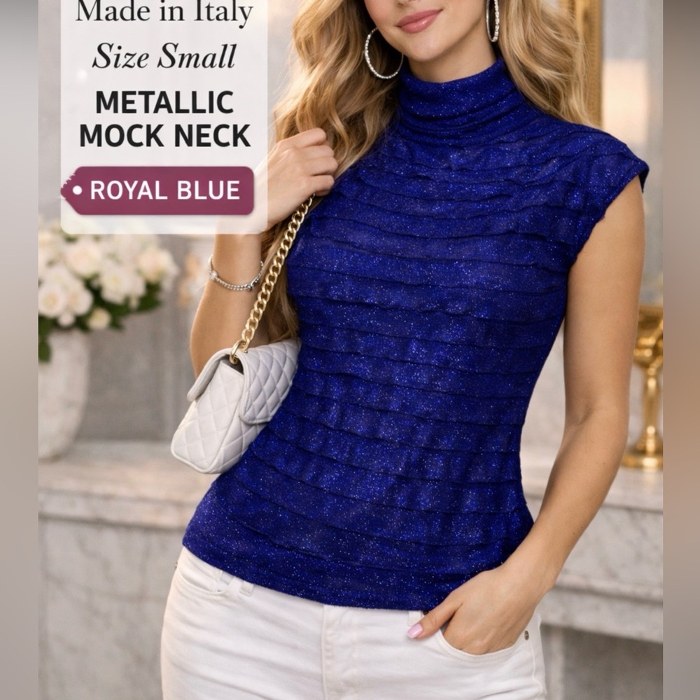 Metallic Sparkle Top Blue Ruffle Small Uro Mock Neck Cap Sleeve Luxury Summer